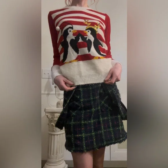 Playful Penguins Ugly Holiday Christmas Sweater Red and White - Picture 4 of 5